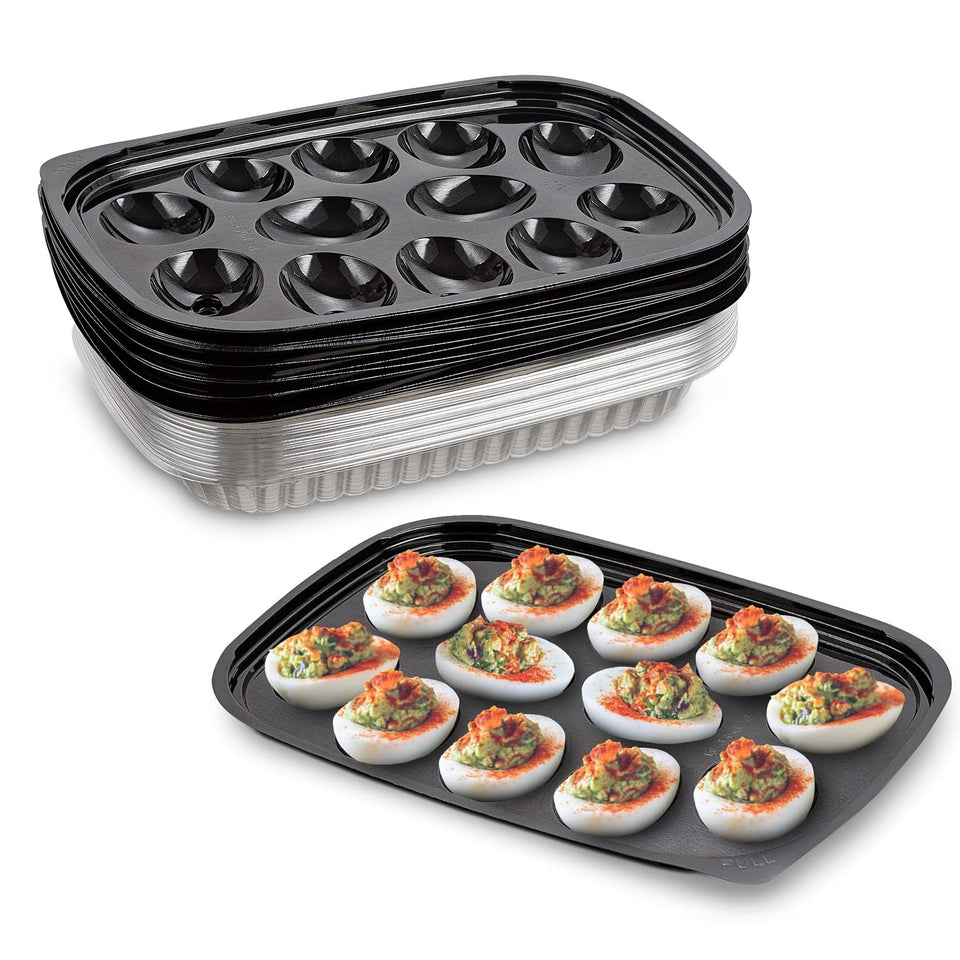 MT Products clear deviled egg container holds 12 egg halves securely for prep and display