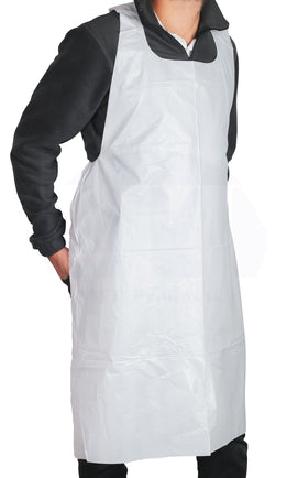 MT Products white apron 46x28 pack of 25 provides disposable kitchen coverage.
