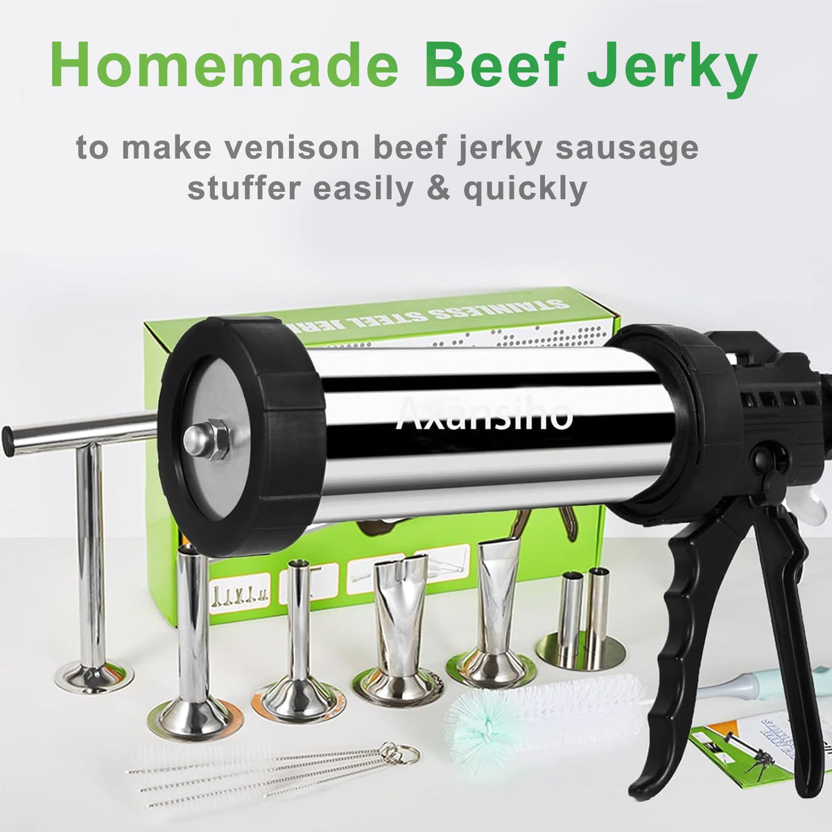 MTOGALT jerky gun kit with nozzles lined up for versatile shapes.