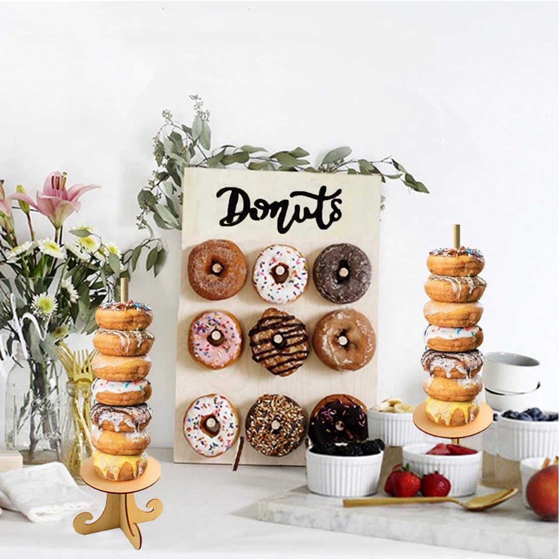 Comes with 2 donut walls and 2 towers, ready to decorate your dessert table.