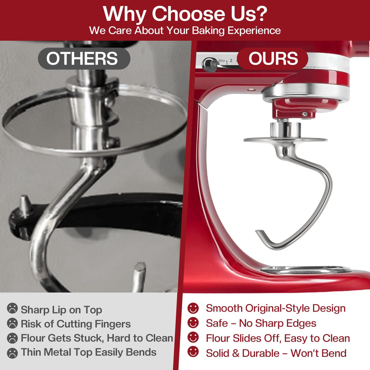 Mttobo 304 stainless steel one-piece dough hook resists rust.