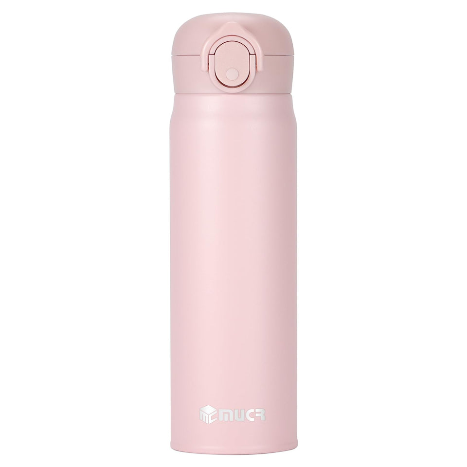 MUCR 17 oz pink insulated bottle with snap flip lid for on-the-go hydration.