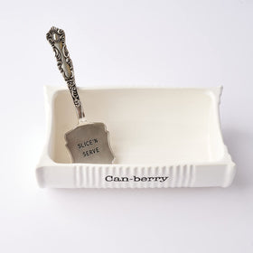 Mud Pie Can-Berry sentiment deboss on a cranberry serving dish for character