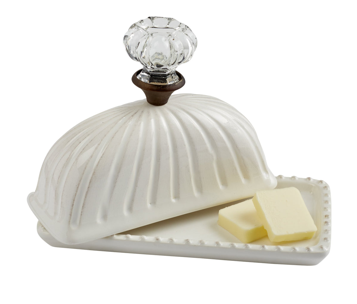 Mud Pie door knob butter dish with lid elevates casual breakfasts with vintage charm.