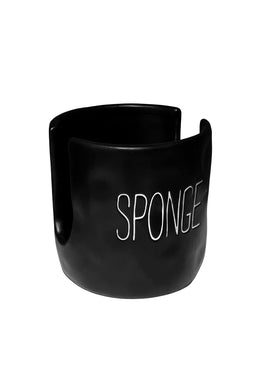 Mud Pie sponge holder in black ceramic with cut-out slit keeps the sink area organized.