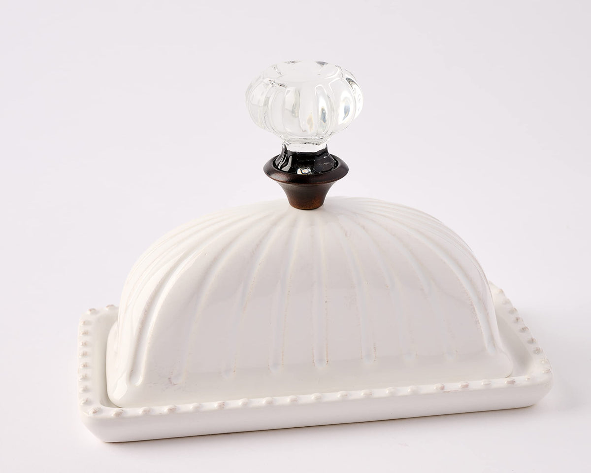 Mud Pie lid with fluted detailing and glass knob adds classic character.