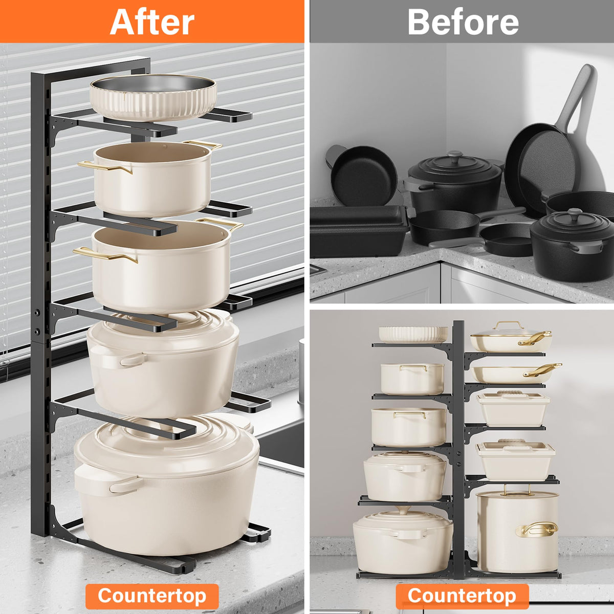 MUDEELA 10-tier organizer in use provides easy access to lids and pans.