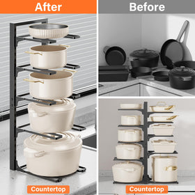 MUDEELA 10-tier organizer in use provides easy access to lids and pans.