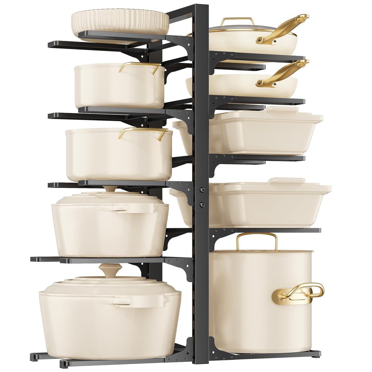 MUDEELA 10-tier organizer front view keeps pots organized and accessible under the cabinet.