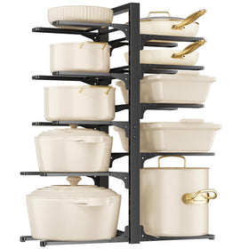 MUDEELA 10-tier organizer front view keeps pots organized and accessible under the cabinet.