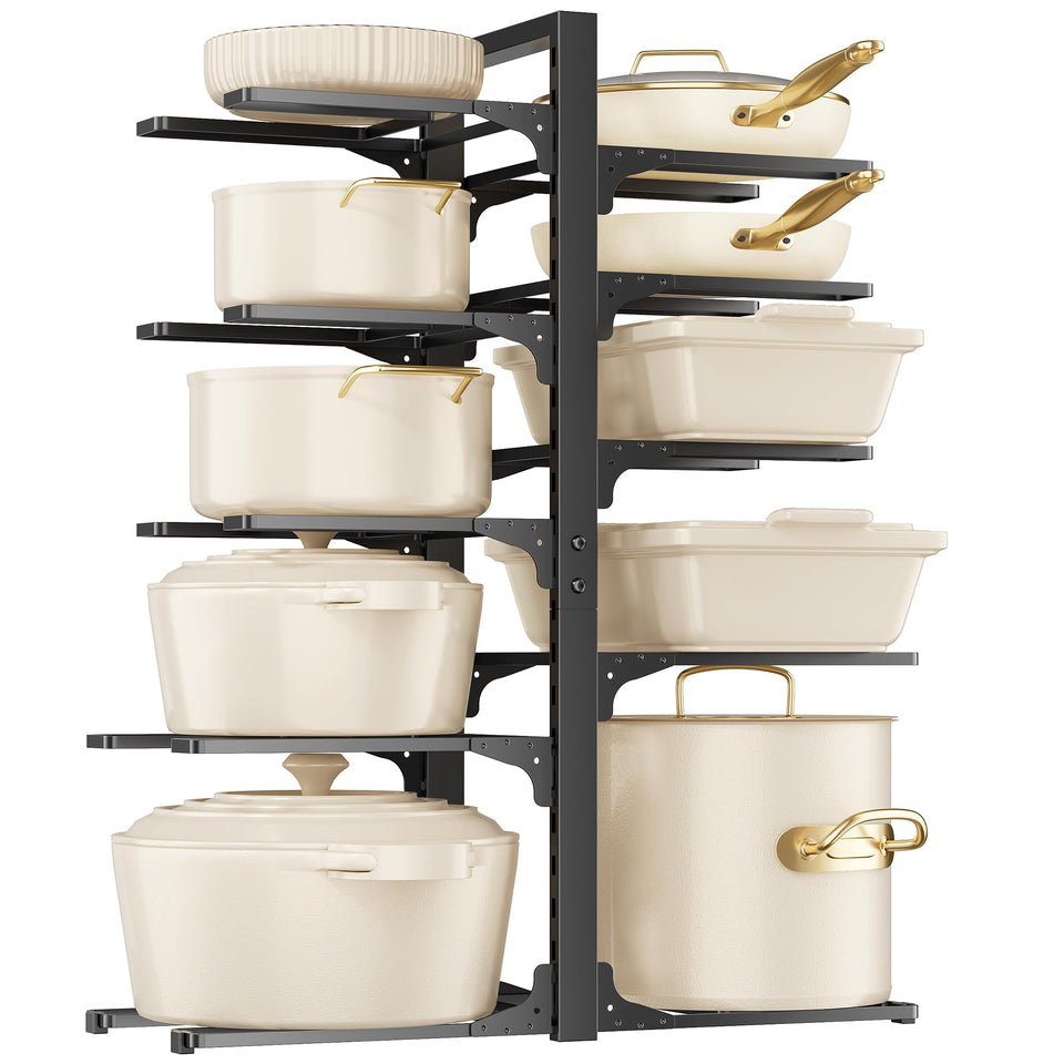 MUDEELA 10-tier organizer front view keeps pots organized and accessible under the cabinet.