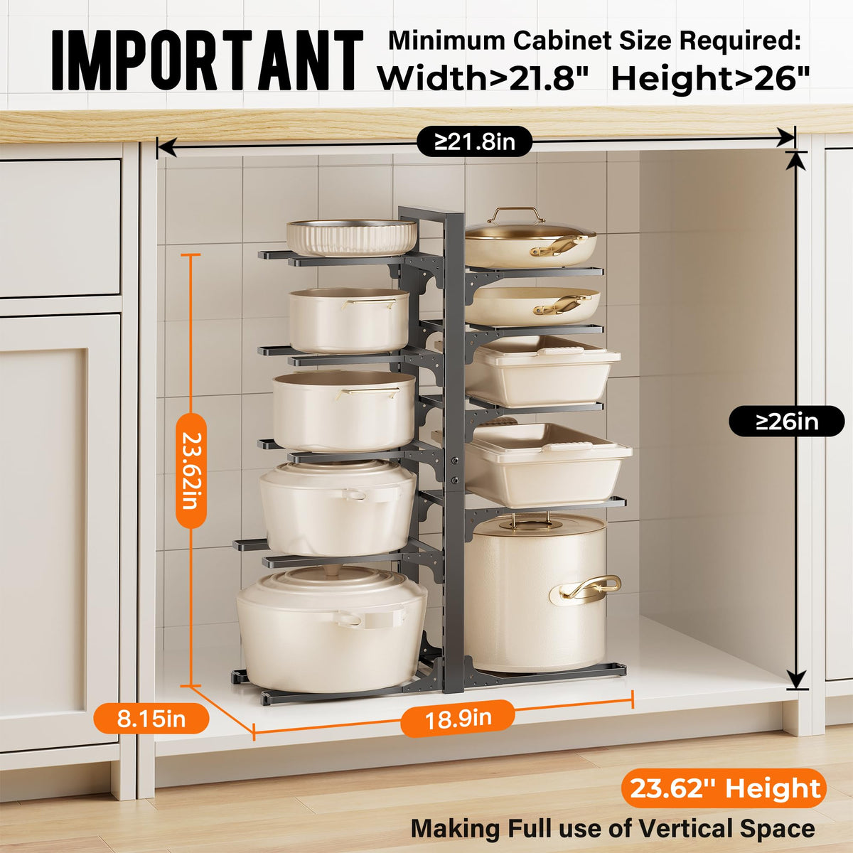 MUDEELA 10-tier organizer side view shows adjustable tiers for different cookware.