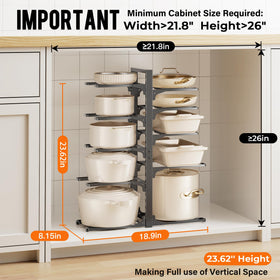 MUDEELA 10-tier organizer side view shows adjustable tiers for different cookware.