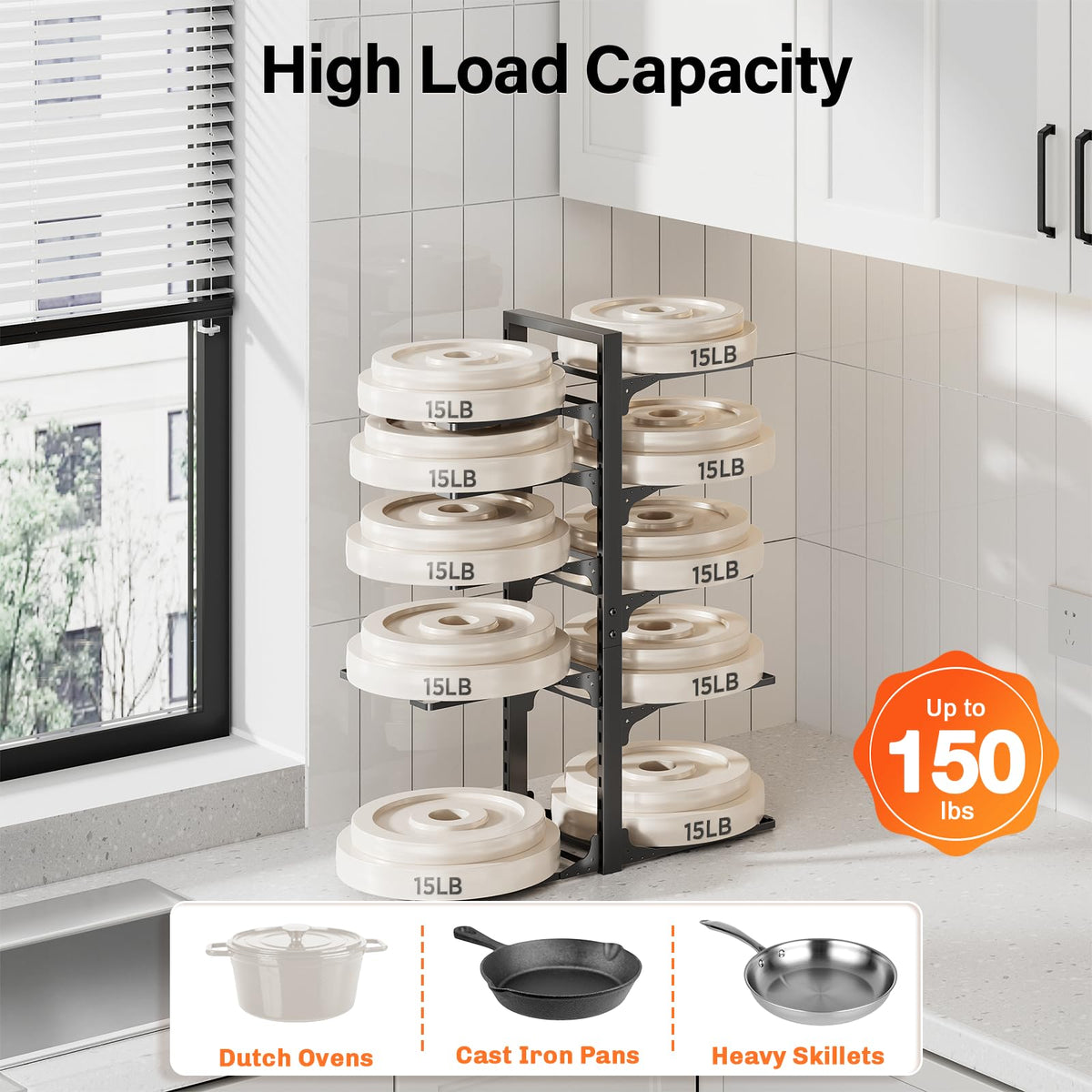 MUDEELA 10-tier organizer with lids and pans organized on each tier.