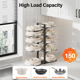 MUDEELA 10-tier organizer with lids and pans organized on each tier.