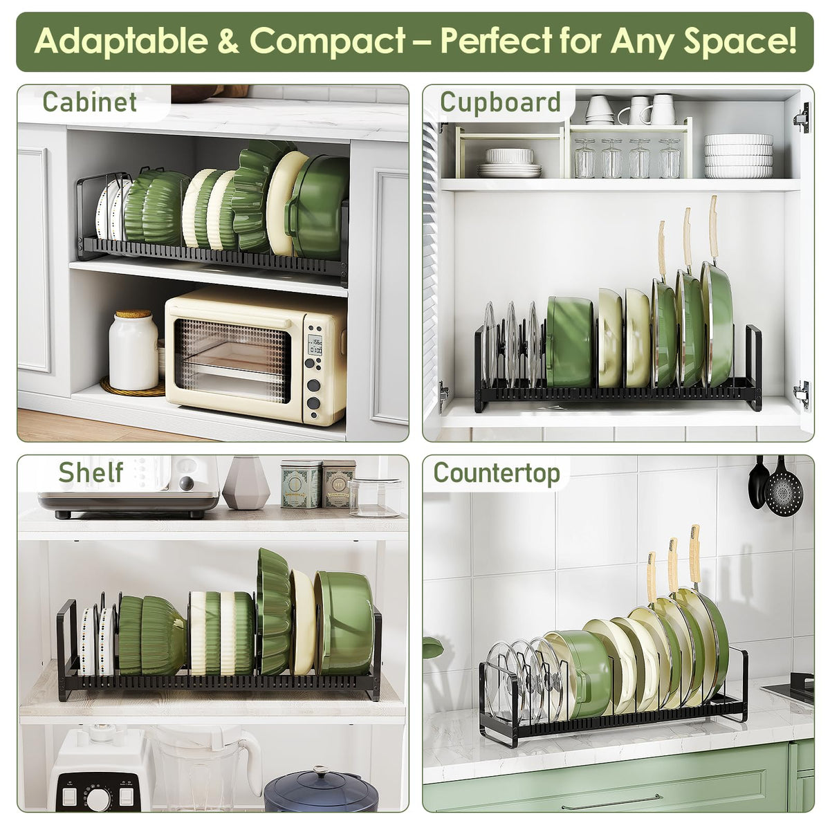 MUDEELA 12 adjustable dividers customize space for pots and lids.