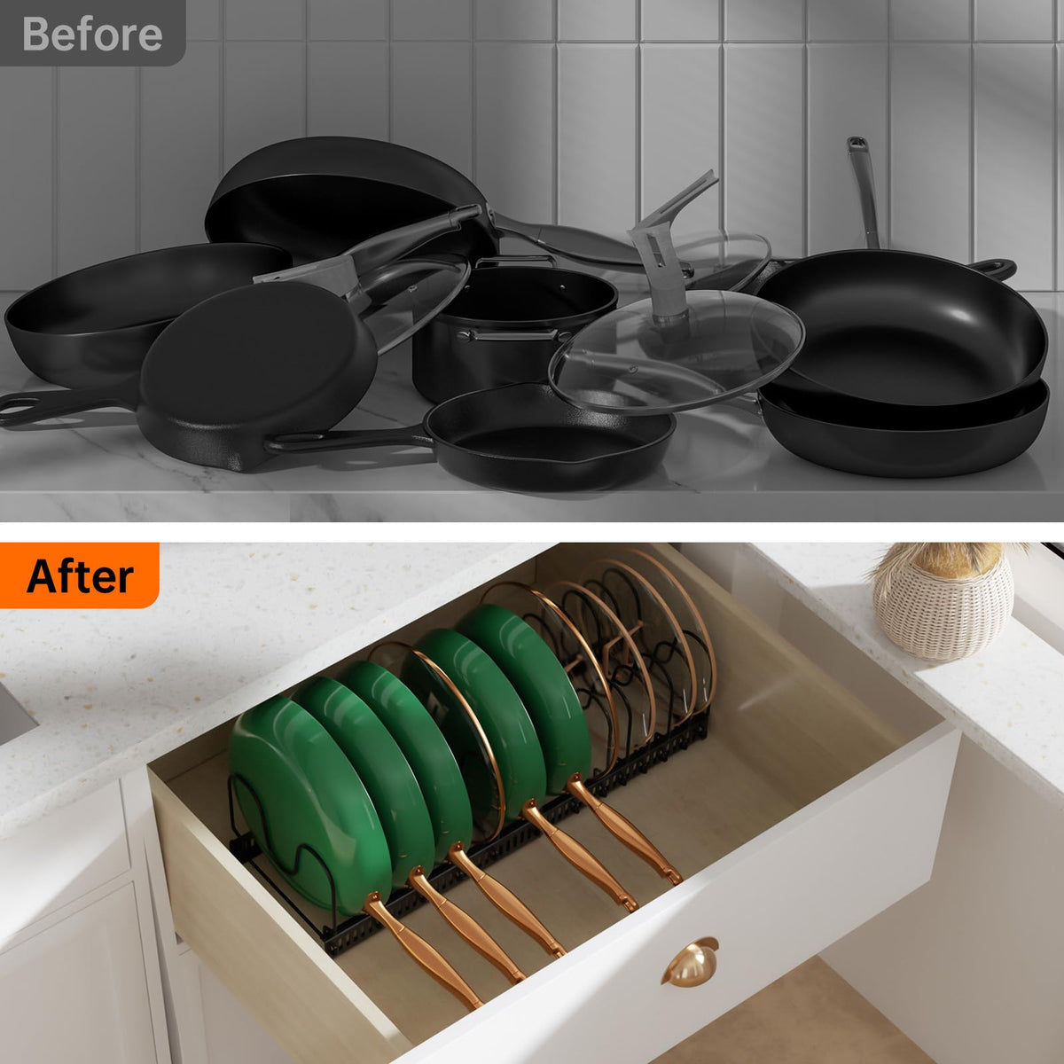 MUDEELA 14 adjustable dividers organize lids, pans, and bakeware efficiently