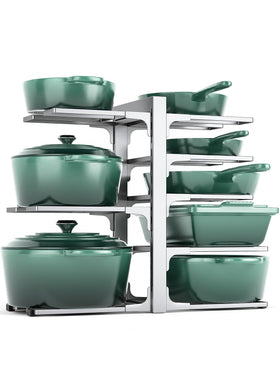 MUDEELA 8-tier under-cabinet organizer shows space-saving storage for pots and pans