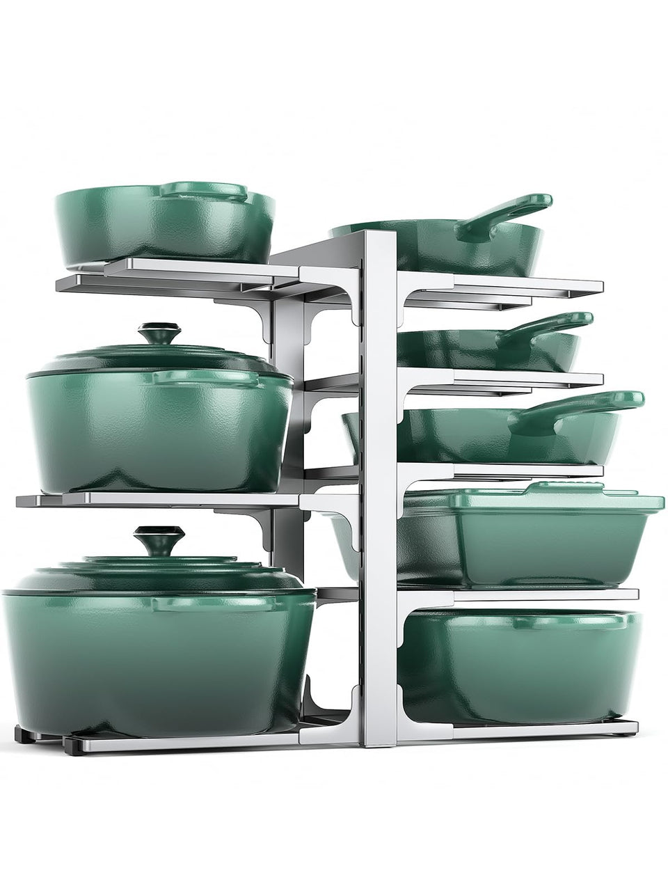 MUDEELA 8-tier under-cabinet organizer shows space-saving storage for pots and pans