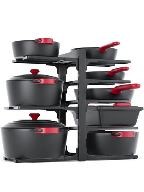 MUDEELA 8-tier pot organizer under cabinet for neat cookware storage.