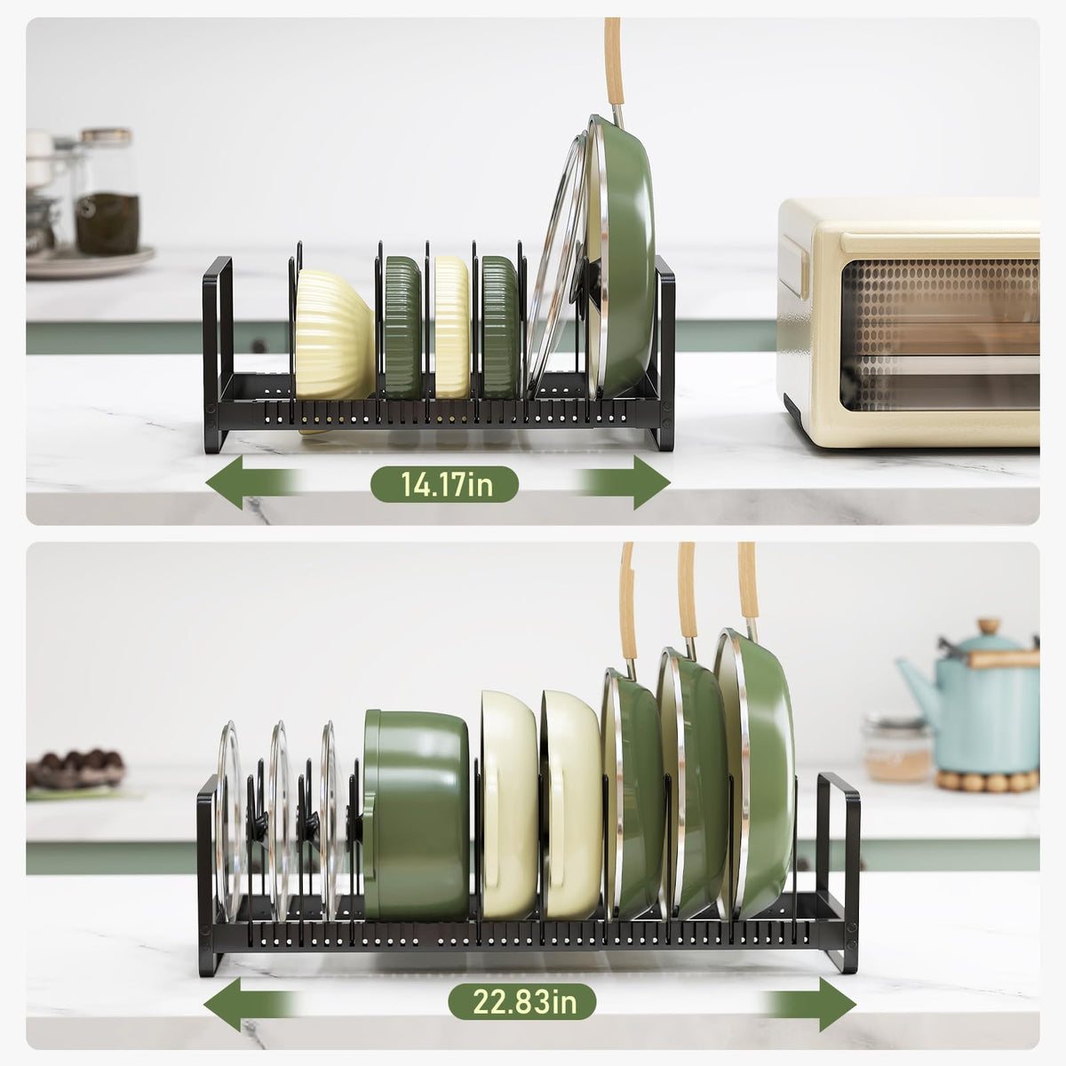 MUDEELA elongated anti slip tubing prevents lid organizer from slipping.