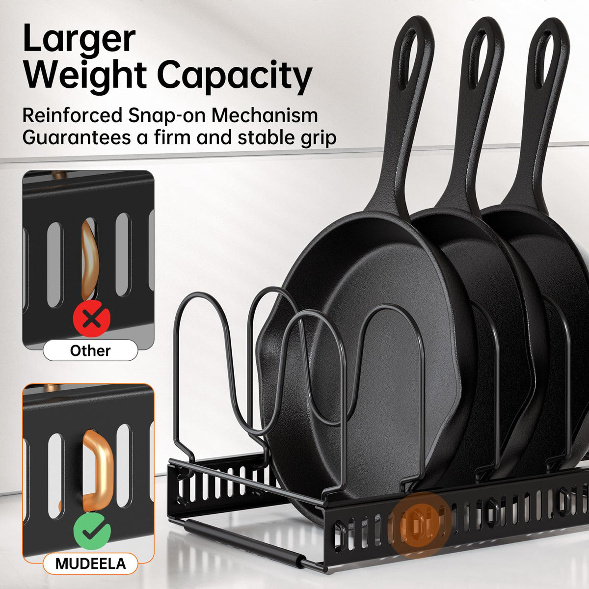 MUDEELA elongated anti-slip tubing keeps the lid organizer in place.