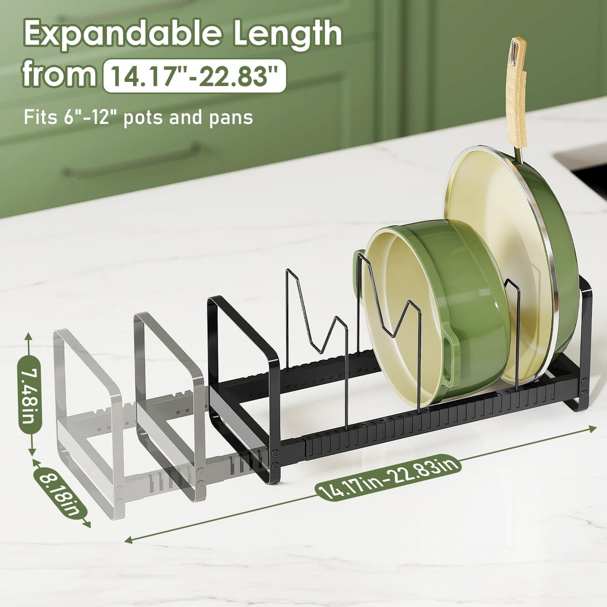 MUDEELA expandable pots lids organizer with adjustable length for cookware.