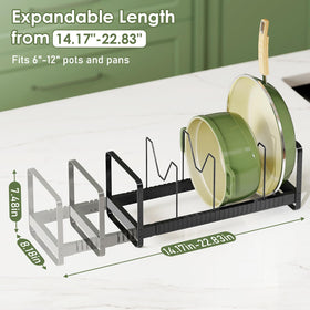 MUDEELA expandable pots lids organizer with adjustable length for cookware.