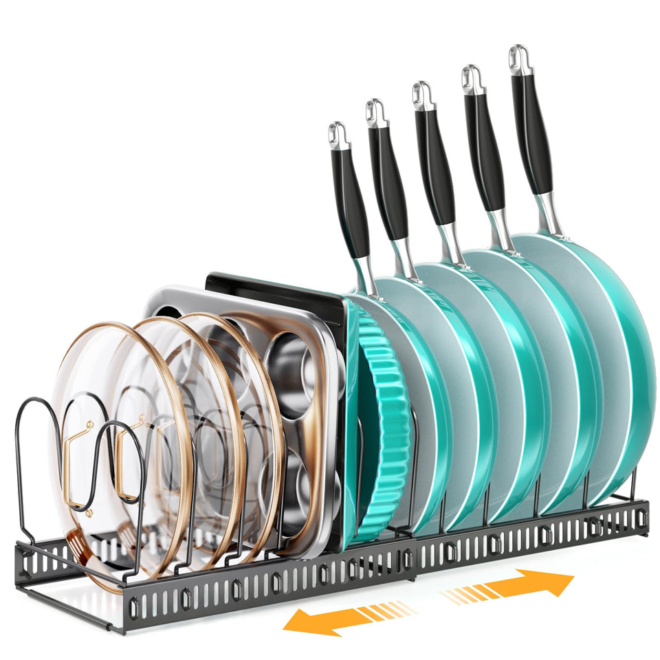MUDEELA expandable pots and pans organizer under cabinet keeps cookware neatly organized.