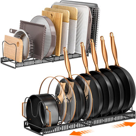MUDEELA expandable pots and pans organizer under cabinet expands to fit 6-12 inch cookware.