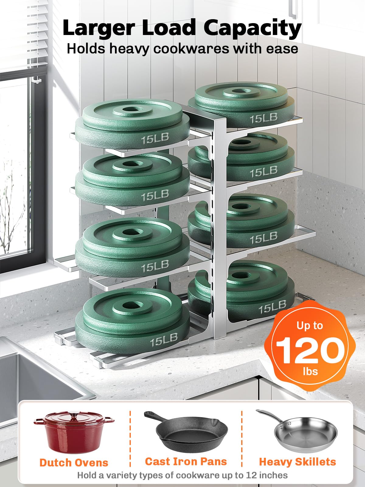 MUDEELA rack fits cookware up to 12 inches including cast iron and Dutch ovens