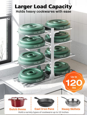 MUDEELA rack fits cookware up to 12 inches including cast iron and Dutch ovens