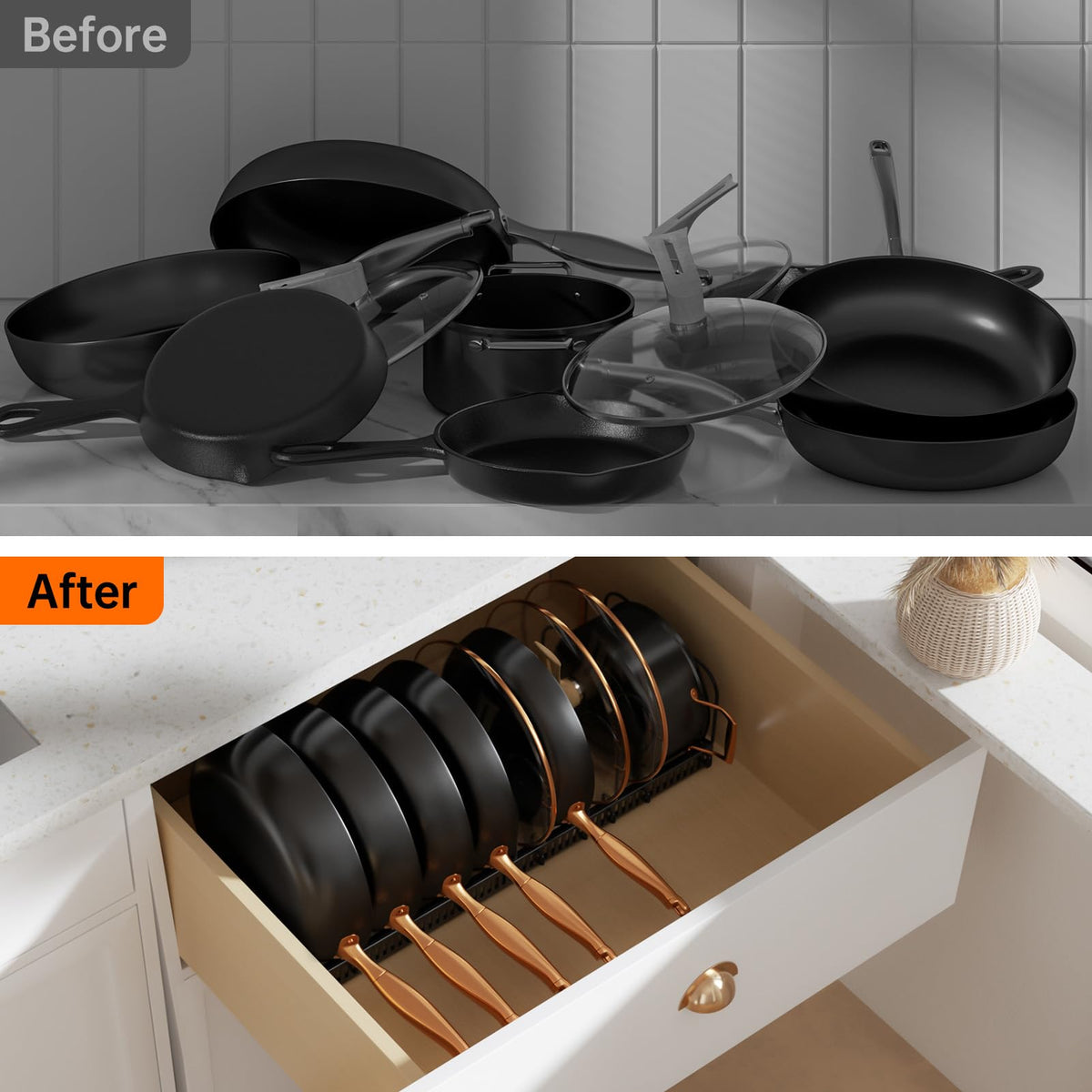 MUDEELA self-adaptive flexible storage fits a variety of cookware sizes.