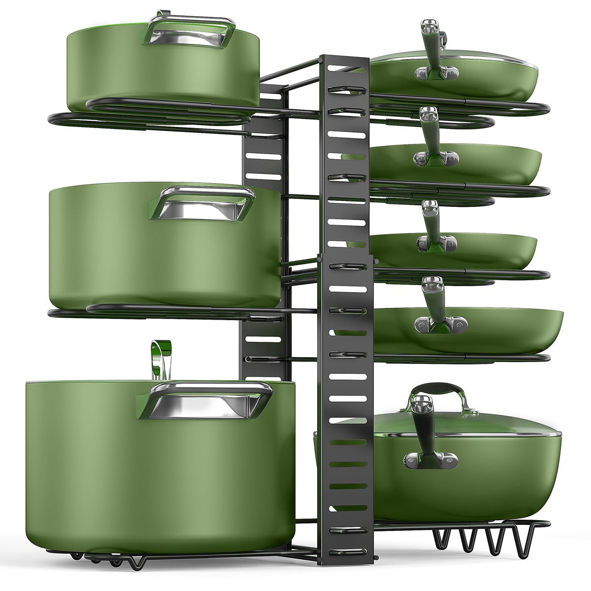 MUDEELA under-cabinet rack with eight adjustable tiers for organized cookware storage