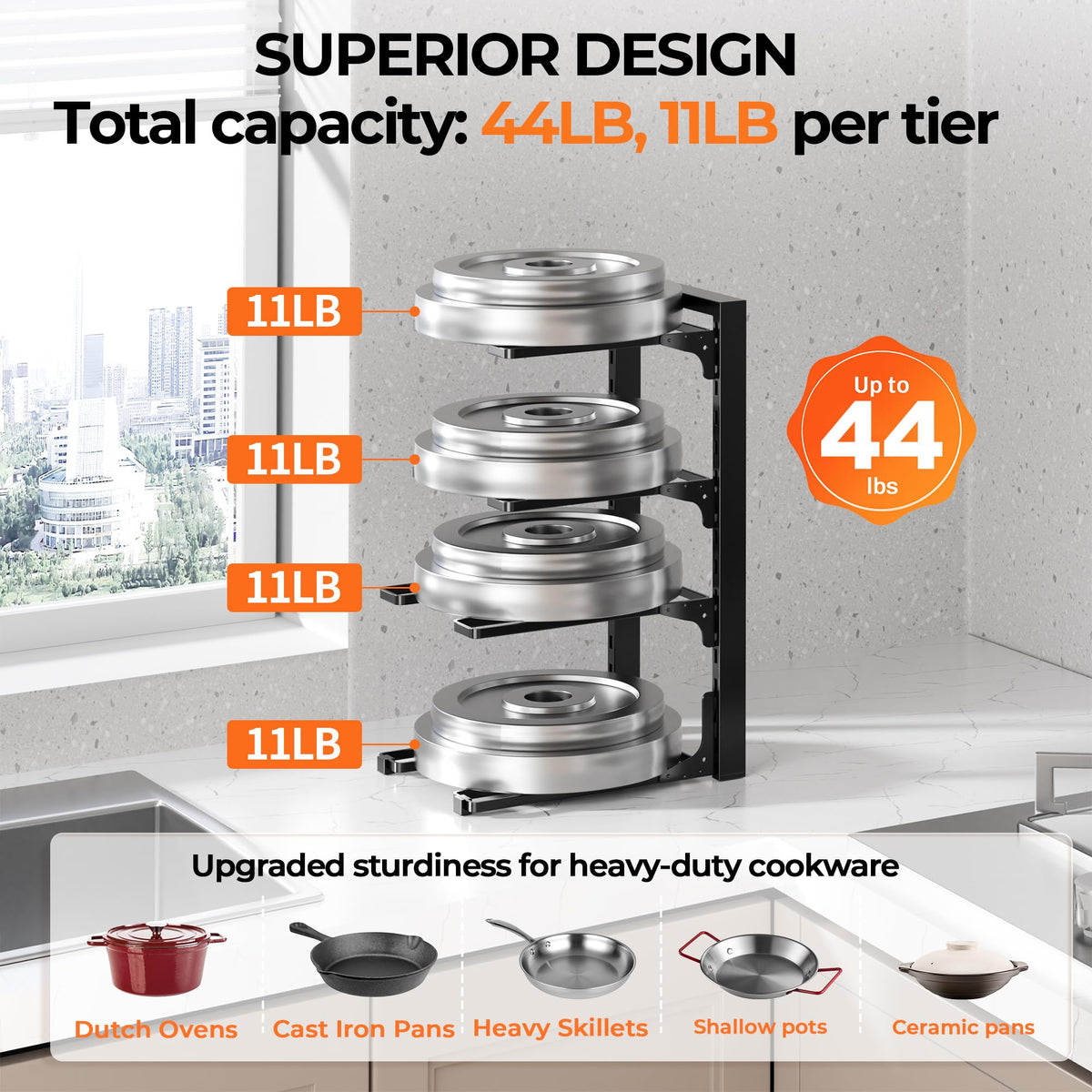 MUDEELA adjustable tiers for pots and lids storage.