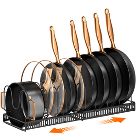 MUDEELA under-cabinet pots and pans organizer extended view showing space-saving layout.