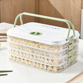 MueJah four-layer dumplings storage shows compact, stackable design for fridge organization.