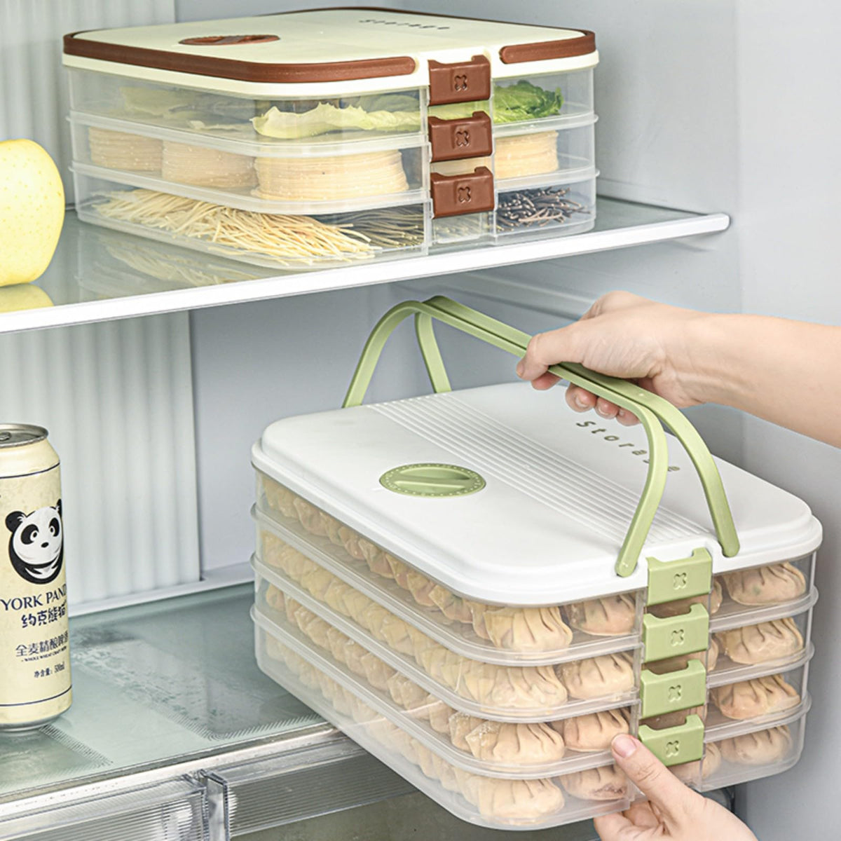 MueJah fridge organizer highlights space saving in a compact, multi-layer container.