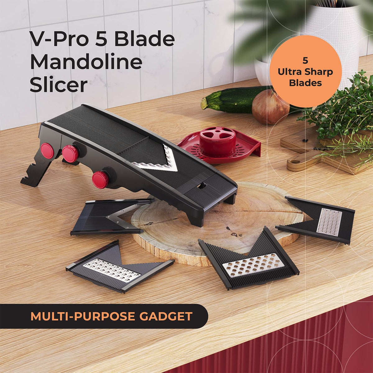 Mueller Austria mandoline slicer five blade set enables slicing, shredding, and julienne cuts.