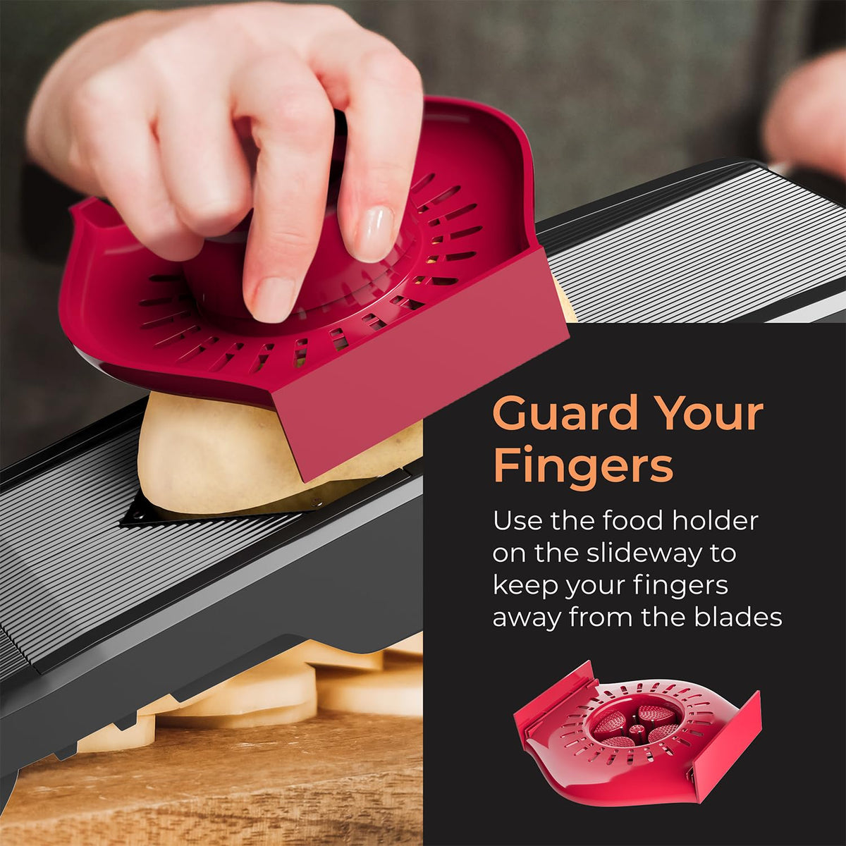 Mueller Austria mandoline slicer food pusher for safe, precise slicing.