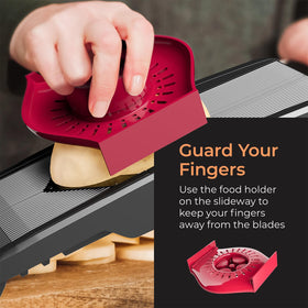 Mueller Austria mandoline slicer food pusher for safe, precise slicing.
