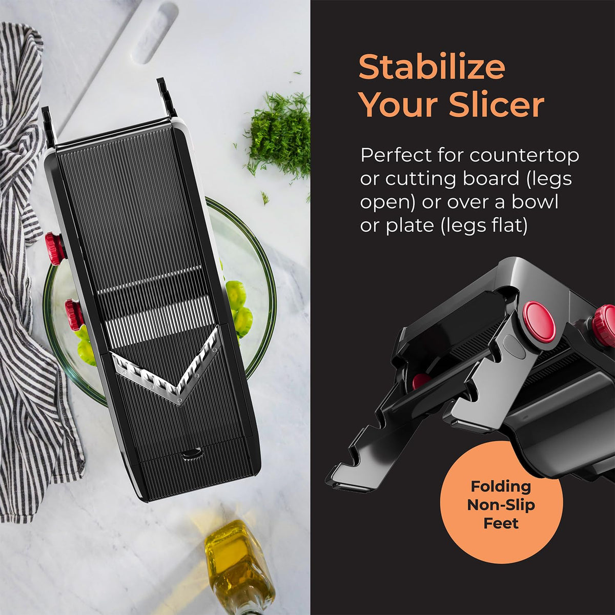 Mueller Austria mandoline slicer slicing onto cutting board with ease.