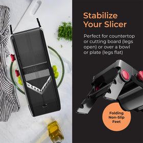 Mueller Austria mandoline slicer slicing onto cutting board with ease.