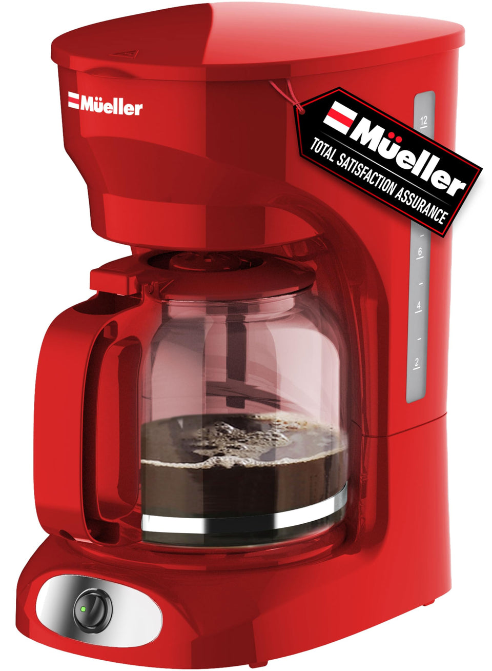 MUELLER HOME 12-Cup coffee maker with borosilicate carafe for heat-resistant, odor-free brewing.