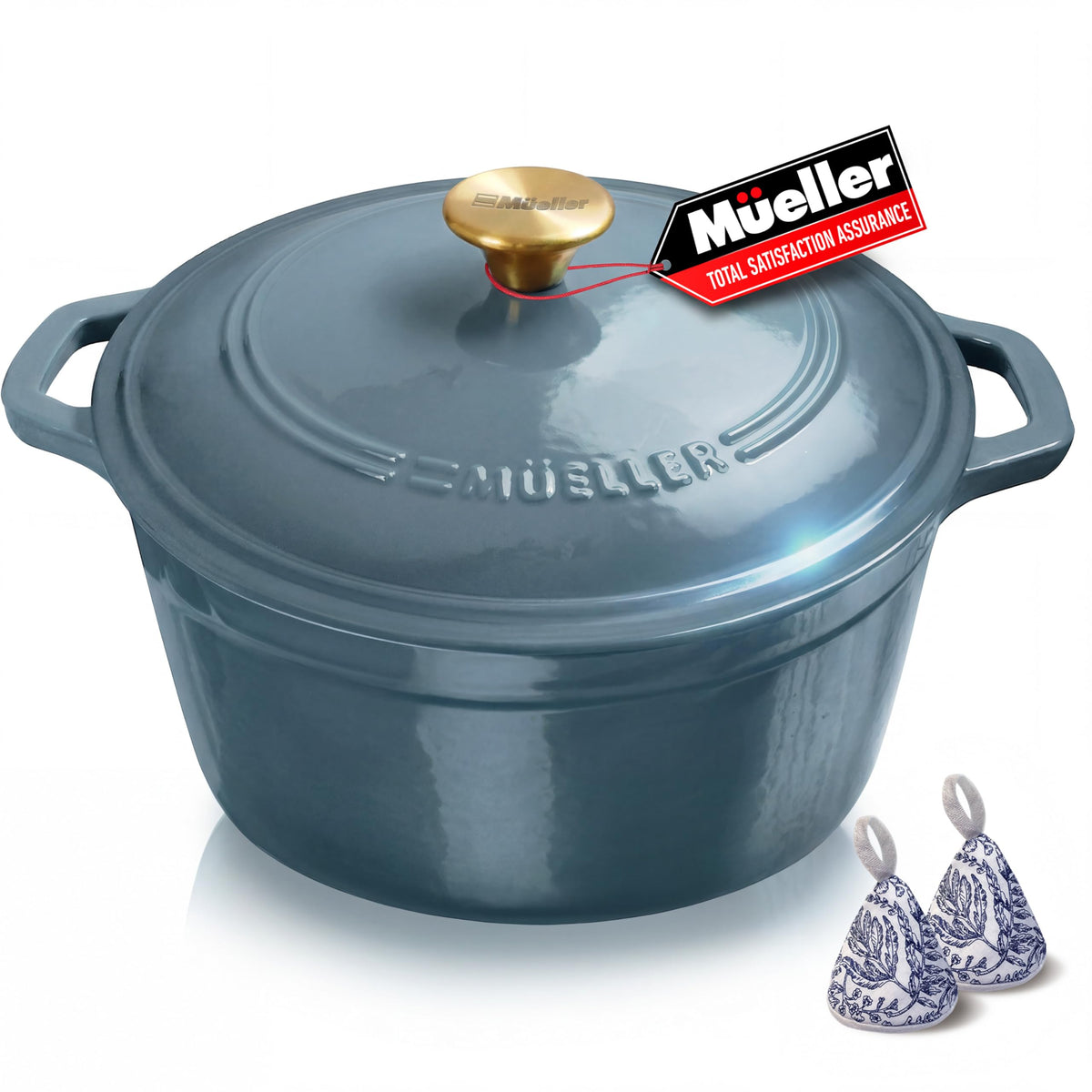 MUELLER HOME 6 Qt enameled cast iron Dutch oven with blue lid knob, ideal for braising.