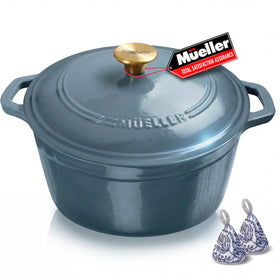 MUELLER HOME 6 Qt enameled cast iron Dutch oven with blue lid knob, ideal for braising.