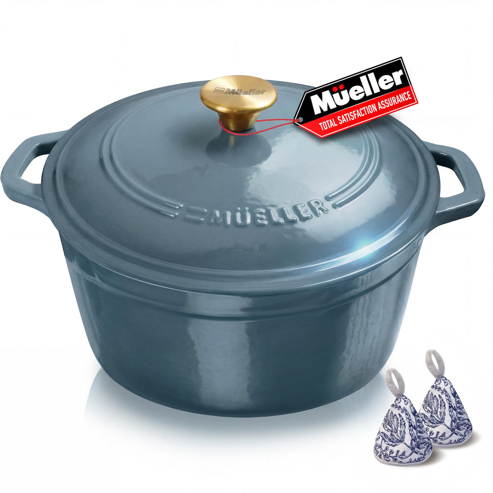 MUELLER HOME 6 Qt enameled cast iron Dutch oven with blue lid knob, ideal for braising.