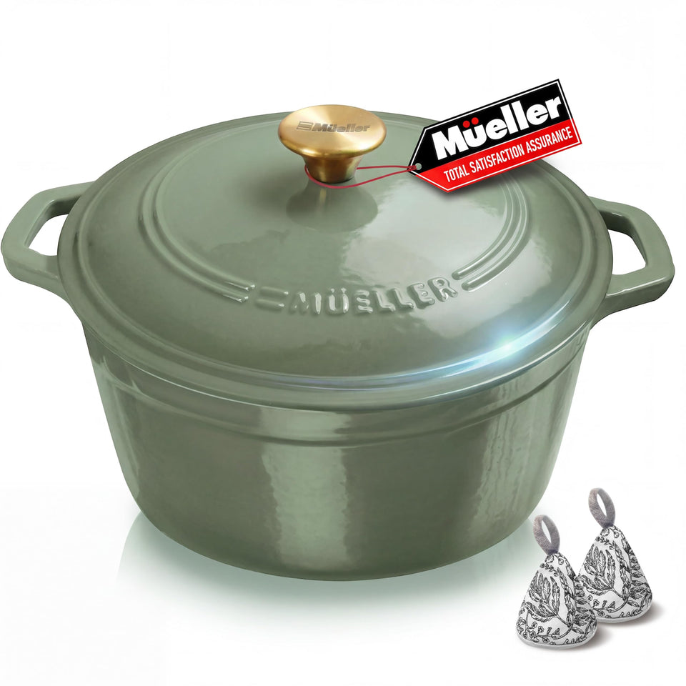 MUELLER HOME 6qt-enamelled-dutch-oven-green provides even heat for family-friendly meals.