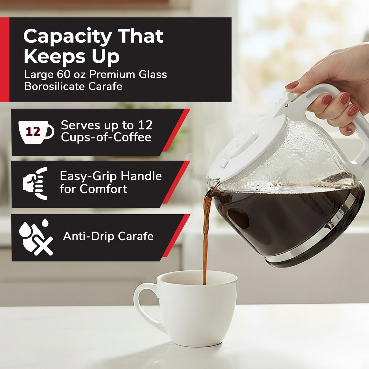 MUELLER HOME anti-drip carafe minimizes spills during pouring.