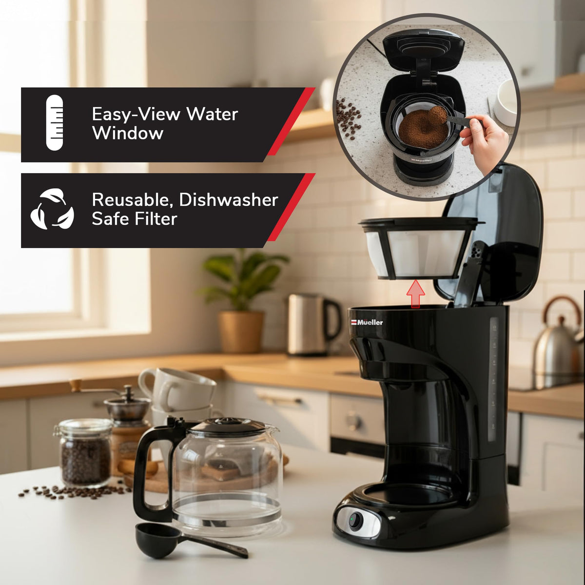 Mueller Home anti-drip design keeps your countertops clean.